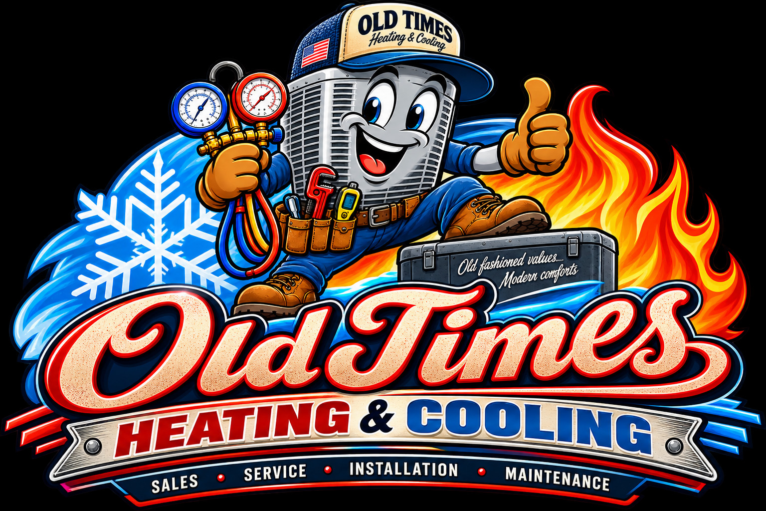 Old Times Heating & Cooling mascot logo featuring an air conditioner, heating flames, and snowflake